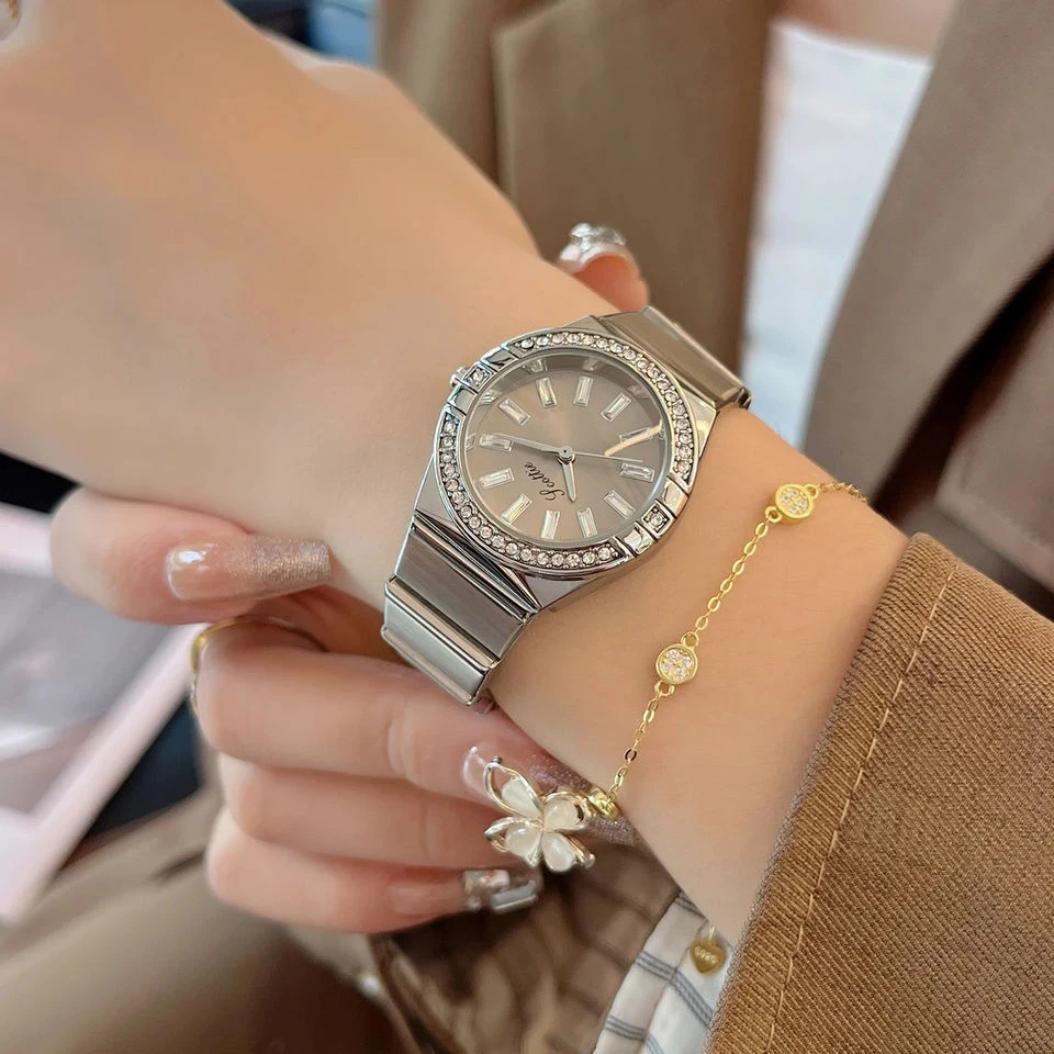 Montre de luxe en acier inoxydable pour femme, cristaux incrustés